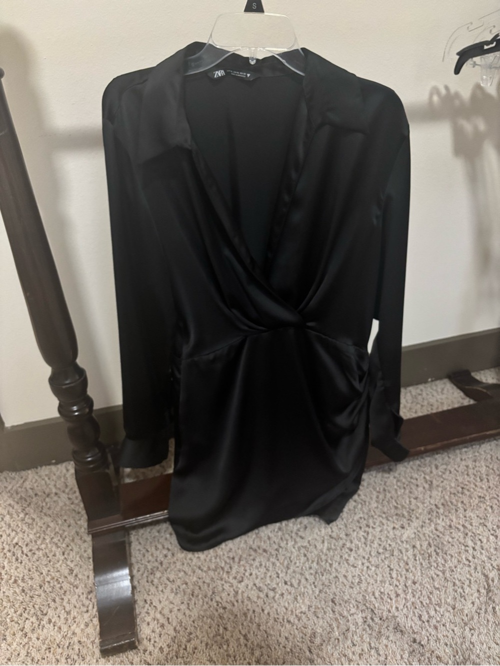 Zara Black Satin Wrap-Front Long Sleeve Dress